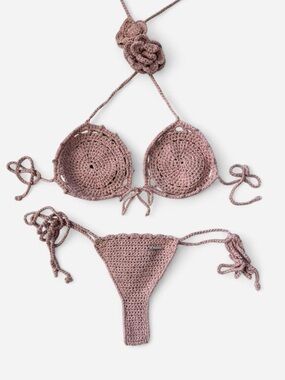 Crocheted Mauve Floral Triangle String Bikini - Women Swim